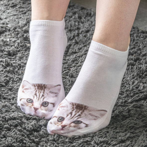 1 Paar Sneaker Socken Größe 33-40 Design Kleine Katze Grau