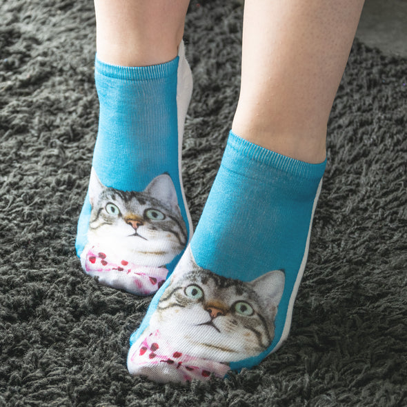 1 Paar Sneaker Socken Größe 33-40 Design Katze mit rosa Fliege