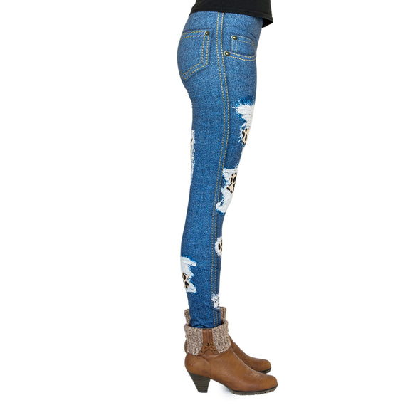 Dekor-Leggings High Waist im Design Jeans Leo Patches