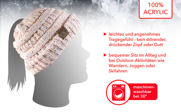 Strick Wintermütze mit Zopfloch für Damen in braun-bunt