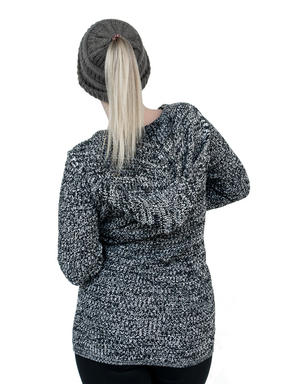 Strick Wintermütze mit Zopfloch für Damen in grau