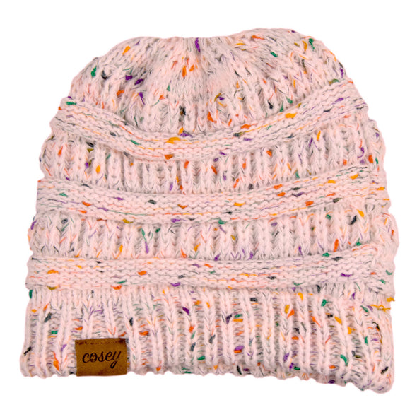 Strick Wintermütze mit Zopfloch für Damen in rosa-bunt - Cosey