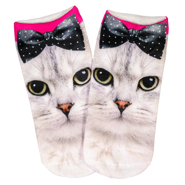 1 Paar Sneaker Socken Größe 33-40 Design Katze mit Schleife