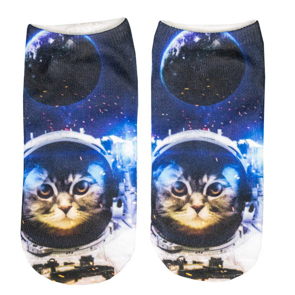 1 Paar Sneaker Socken Größe 33-40 Design Katze im Raumanzug